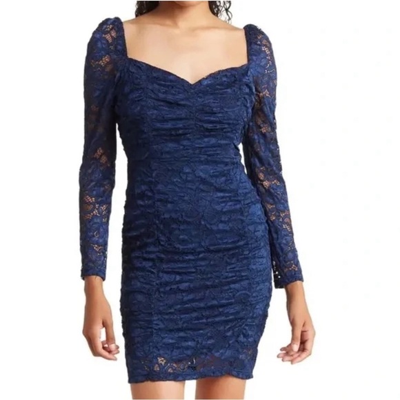 Sam Edelman - Navy Ruched Long Sleeve Lace Dress Size 6 - Picture 1 of 4